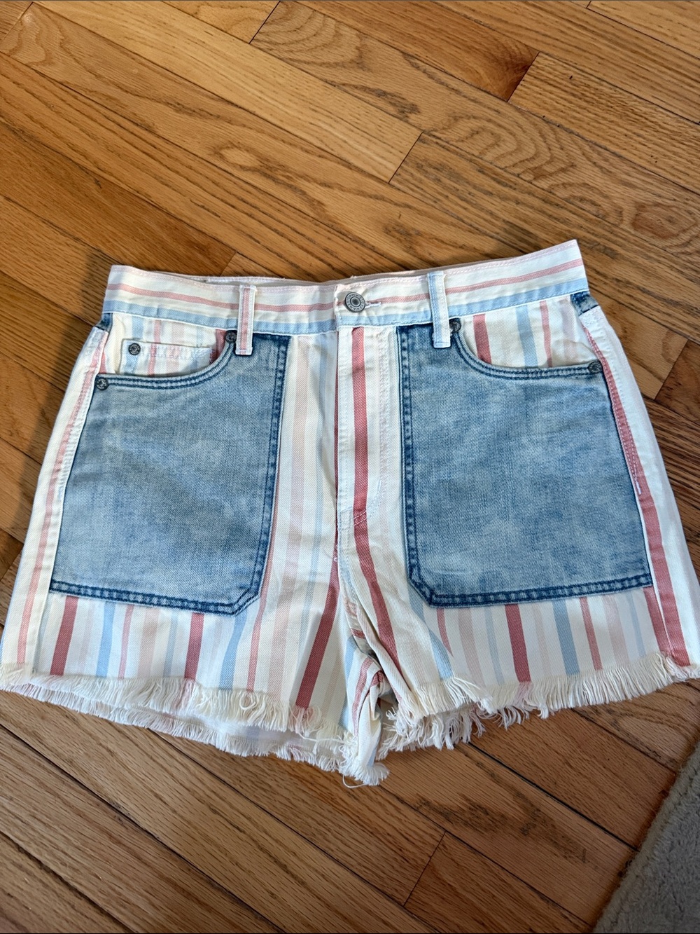 American Eagle Outfitters Striped Denim-Pocket Shorts - Pink & Blue